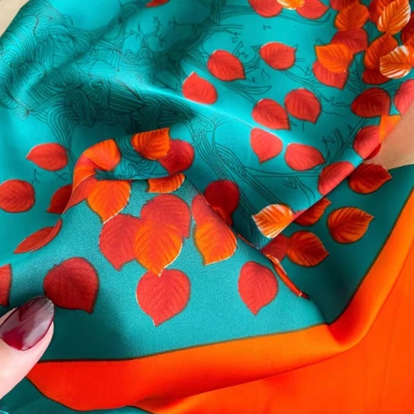 Beautiful Silk-Like Satin Printed Square Scarf in Turquoise and Orange - Picture 5 of 5